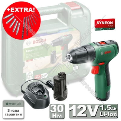 Дрель-шуруповерт аккумуляторная EasyDrill 1200 + набор свёрл и бит BOSCH (06039D3007)