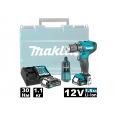 Аккум. дрель-шуруповерт MAKITA DF 333 DWAE в чем. + набор бит (12.0 В, 2 акк., 2.0 А/ч Li-Ion, 2 скор., 30 Нм, шурупы до 8 мм)