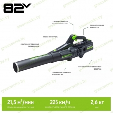 Воздуходувка Greenworks GD82ABIIK5 82V (225 км/ч) аккумуляторная, с АКБ 5 А/ч и ЗУ